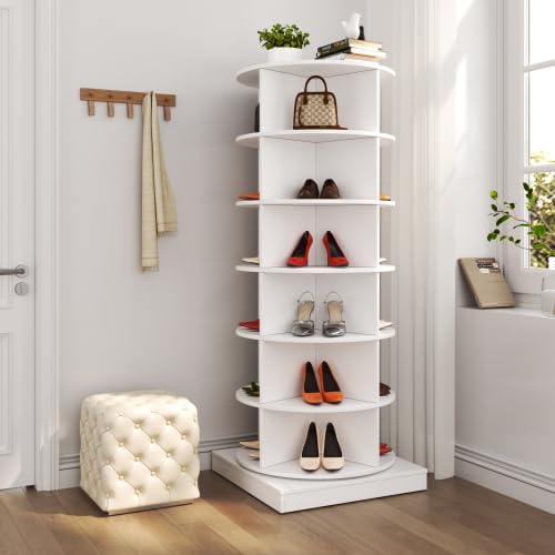 Image of HKLYRHIMO Rotating Storage Rack-American Design White-7-Tier Spinning Storage Rack,Free Standing 360 Revolving Shoe Organizer-for Bedroom,Livingroom,Hallway. (White,6-Tier with Base)