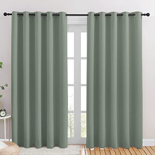 NICETOWN Blackout Draperies Curtains for Kids Room, Window Treatment Thermal Insulated Solid Grommet Blackout Drape Panels for Bedroom (Greyish Green,
