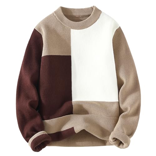 Cambkatl Cozy Color Block Sweater for Men Loose Crewneck Pullover Casual Long Sleeve Warm Winter Knitted Jumper Tops