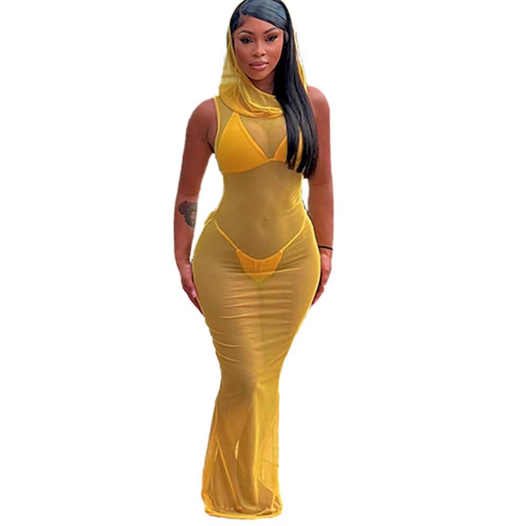 3 Piece Swimsuit Bathing Suit for Women Sexy Halter Bikini Sets with Sleeveless Sheer Mesh Maxi Cover Up Dress