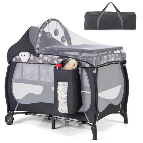 Image of HONEY JOY Pack and Play, 4 in 1 Portable Baby Playard with Bassinet, Changing Table, Lockable Wheels, Music Box, Foldable Travel Baby Crib Nursery Center from Newborn to Toddler(Gray)