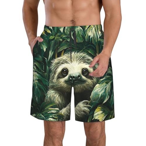 Men's Swim Trunks Bathing Suit Quick Dry Beach Board Shorts - Sloth Green Leaves Jungle Tropical