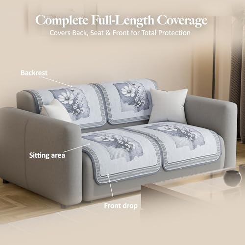 Image of Kuber Industries 2 Seater Sofa Cover | Velvet Slipcover for Living Room | Thick & Cozy | Non-Slip Comfort Sofa Cover Set | Pyramid Flower 560 - Grey & White