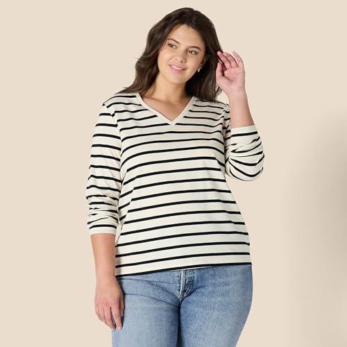 Amazon Essentials Camiseta de Cuello en V, Manga Larga, Corte Regular, 100% Algodón Mujer, Cáscara de Huevo Negro Mariner Rayas, L