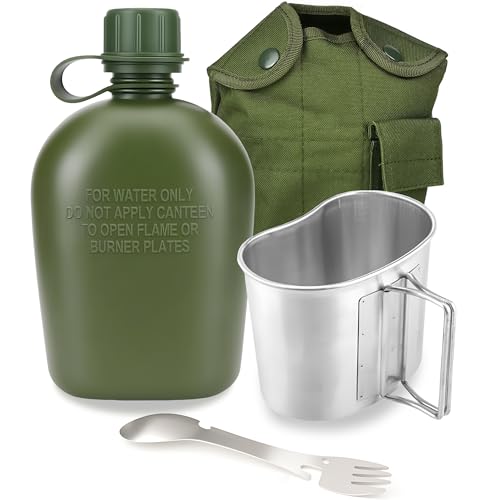 ShenDu Military Canteen WWII US GI Style 1 Quart Water Bottle Kit with Aluminum Canteen Cup Stainless Steel Spork & Cover for Camping Hiking Backpacking (Green)
