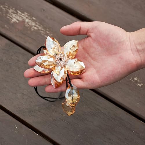 Image of Crystal Flower Car Rear View Mirror Hanging Ornament - Sparkles with Rainbows for a Sense of Luck and Happiness Car Interior Accessories (Champagne)