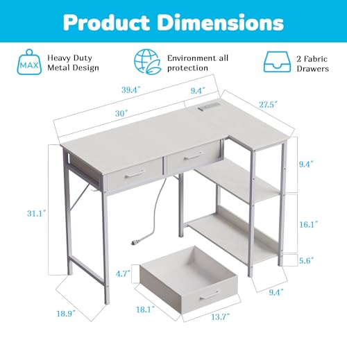 Garvee 40 Inch Gaming Desk with Power Outlet, l Shaped Computer Gaming Table with 3 Tiers Storage Shelves & 2 Drawers, Escritorio with Headphone Hook, Corner Gamer Desk for Small Spaces, White by Garvee - Used condition - Image 3