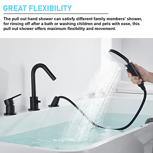 CREA Grifo de bañera Roman Tub en negro, juego de 3 agujeros con ducha de mano y desviador, montaje en cubierta para baño miniatura 4