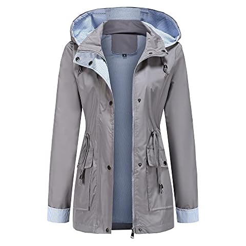 Womens Waterproof Rain Jacket Detachable Hood trench coat Hooded Raincoat Vertical Stripes Lined Outdoor Windbreaker Long Sleeve Zipped Trench Coats (Grey, XXL) Cover