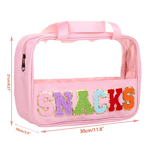 Chenille Letter Clear PVC And PU leather Large Travel Cosmetic Toiletry Storage Bag Waterproof Makeup Tote Bag Organizer Bag for Women(SNACKS-Pink)3