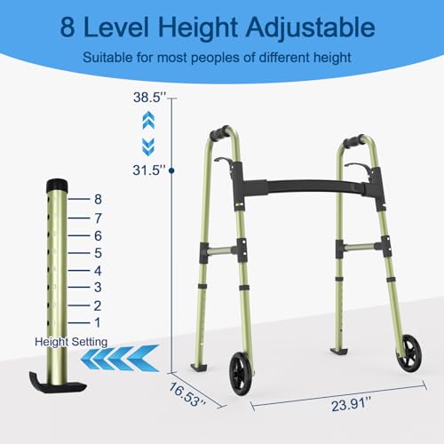 Loyoda Folding Walkers for Seniors,FSA/HSA Eligible Medical Walker with Storage Bag and Glide Skis 5'' Front Wheel Lightweight Walker Height Adjustable Aluminum Standard Walker for Disabled (Green) - Thumbnail 3