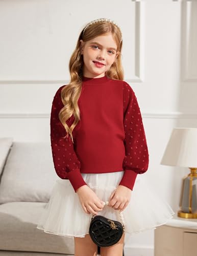 Image of Arshiner Girls Puff Long Sleeve Sweaters Crewneck Lace Polka Dot Casual Knit Tops Pullover Jumper Outwear for Kids