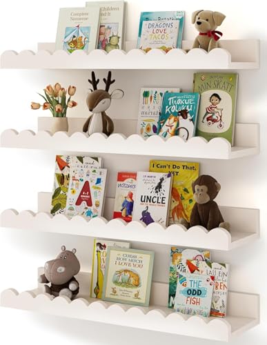Image of Scalloped Shelves for Nursery - Wall Book Shelves for Bedroom Kids, Nursery Bookshelf for Wall Set of 4, Floating Book Shelves Solid Wood,18 Inch (White)