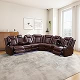 SIENWIEY Leather Reclining Sectional Sofa for Living Room，Power Leather Recliner Sofa Set with LED Light，Cup Holders，Storage Console，Storage Armrest，Wine Red