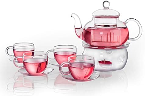 Jusalpha Glass Filtering Tea Maker – 27 oz Teapot with a Warmer and 4pc- 5oz Tea Cups Set (Version 3, 4 Cups)