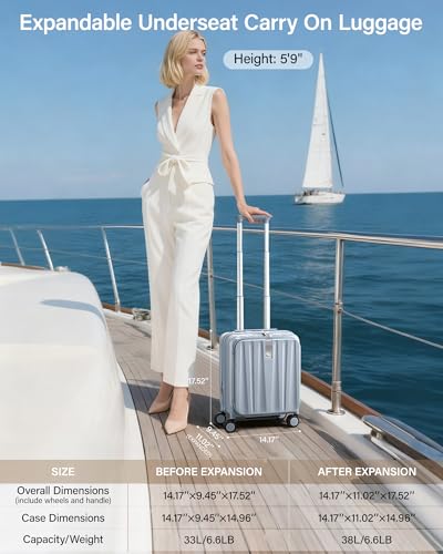 Image of Hanke 45cm Expandable Mini Cabin Trolley Bags, Hard Shell Polycarbonate Top Opening Suitcase, 8 Silent Spinner Wheels, Lightweight Carry On Luggage for Daily Commute & Short Travel,Grey