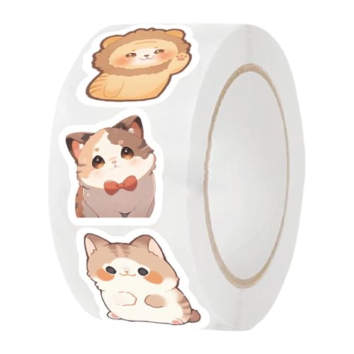Pegatinas de gato de dibujos animados, 500 unidades, calcomanías redondas de animales, rollo de calcomanías de animales, rollo de calcomanías autoadhesivas de animales, con patrones de animales
