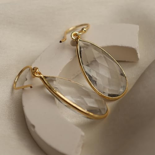 Gempires Labradorite Faceted Long Pear Gemstone Drop Dangle Hook Earrings, Statement Jewelry For Her, 1.5 inch Drop 14K Gold Plated, Gift For Woman3