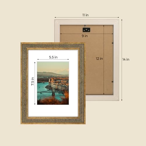 Image of Golden State Art, 9X12 Photo Frame with White Mat for 6X8 Pictures & Real Glass, 1.25-Inch Wide, Distressed Gold