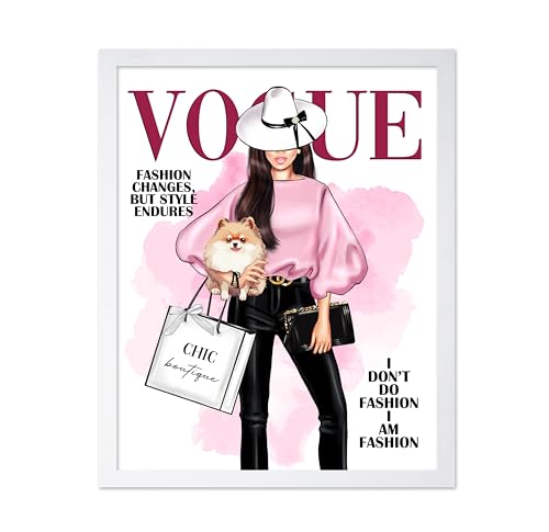 Image of Poster Master Lady with Dog Print - I Am Fashion Poster - Modern Trendy Art - Chic Gift for Women & Fashionista - Haute Couture Decor for Bedroom or Girls Room - 11x14 White Framed
