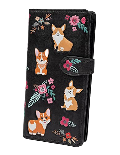 Shag Wear Women's Premium Vegan Clutch Cardholder Wallet Zipper Purse with Pretty Corgi Pattern, Black