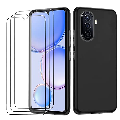 [3 + 1] para Huawei Nova Y71 Funda + 3 x Cristal Templado - Black Carcasa y Cristales Protector de Pantalla TPU Silicona Suave Gel Caja Cover Tapa Caso Carcasa Cubierta -Black