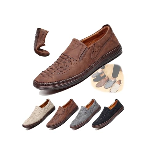 Men's Breathable Leather Slip-On Loafers Casual Mesh Driving Shoes with Soft Rubber Sole, Lightweight Lazy Walking Flats for Summer Comfort