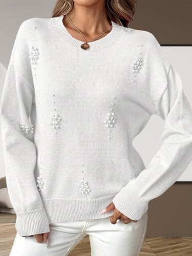 Women's Sweater Pearl Embellished Knit Sweater, Long Sleeve Crew Neck Pullover2