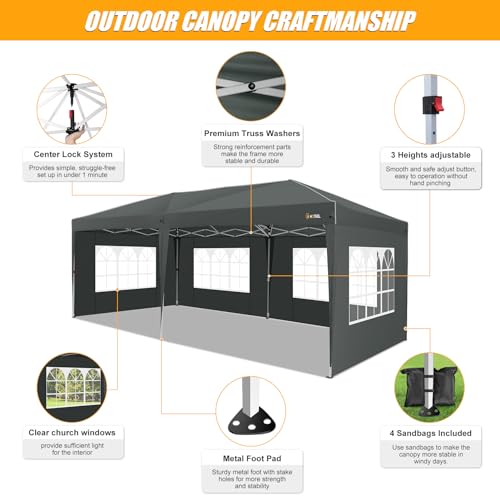 Image of HOTEEL 10x20 Pop up Canopy Tent with Sidewalls, One Push Outdoor Waterproof Tents for Parties with Reinforce Rod, Sandbag, Easy Setup Event Tent Shelter for Backyard, Camping, Market, Black