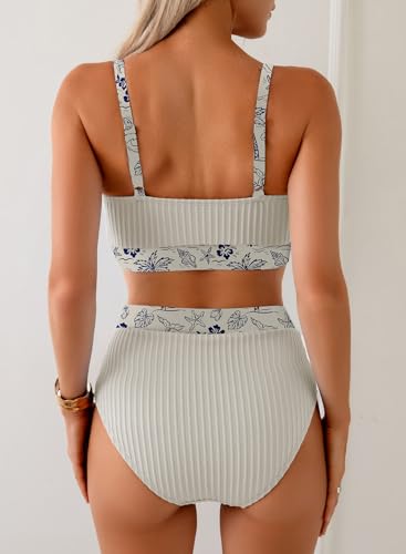 Image of Herseas Women's Textured Bikini Sets Floral Print Trim Scoop Neck Swimsuits High Waisted Bathing Suits