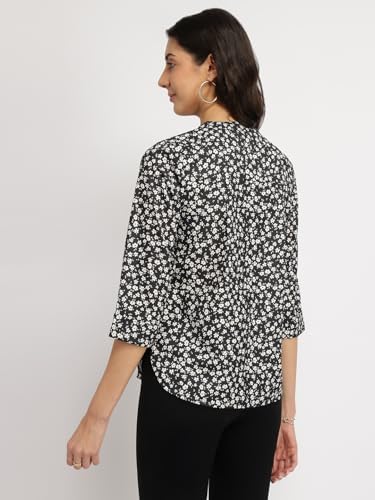 Image of FableStreet Women Shirt Work & Casual | Relaxed Fit Mandarin V-Neck Three-Quarter Sleeves Solid Pattern | Breathable Woven Fabric for Office & Everyday Wear
