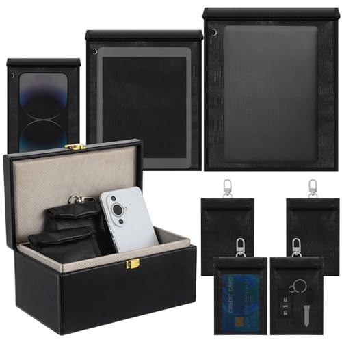 Image of Dansydaisy Key Storage Box & Protective Pouches Set (8 Pack) for Car Key Fob, Phone, Tablet & Wallet - Waterproof, Fireproof Travel Organizer Case, Portable Storage Kit(Black)