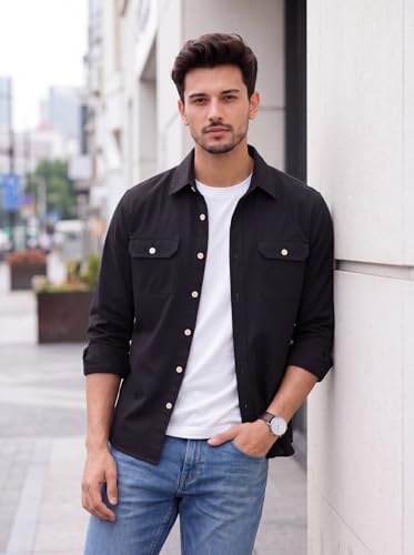 Image of Amazon Brand - INKAST Men's Cotton Blend Button Down Shirt | Long Sleeve Casual Lightweight Breathable Collared Shirts | Soft Comfortable Everyday Wear |Two Flap Chest Pockets |Using like Jacket Shirt