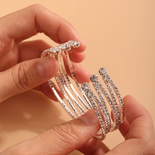 Yertter Multi Row Layered Glitter Bracelets Cuff Bracelet Stretch Tennis Chain Rhinestone Adjustable Band Cuff Elastic Bangle 1920S Bridal Body Jewelry Accessories For Women And Girls Wedding (Cuff-3 Row Cross Silver) #TOP2