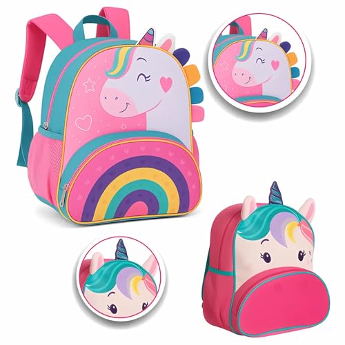 Mochila Infantil Menina Com Alça Costas Criança Creche Bebê Unicórnio Rosa - Sortida