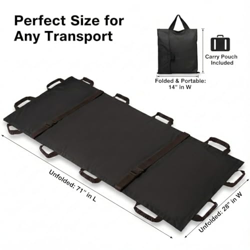 Image of Emergency Patient & Large Dog Transport Stretcher Gurney, 400 lbs | Includes carrying bag and 12 rubber handles, heavy duty patient animal mover for emergency rescue and vet care, black.