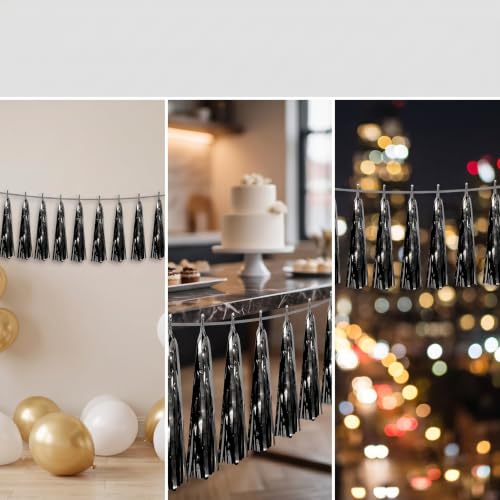 Image of 4P Black Foil Fringe Metallic Tassel Streamers Banner Tassel Garland for Parade Floats, Bachelorette, Wedding, Birthday, Halloween, Christmas, Bridal /Baby Shower Party Decorations