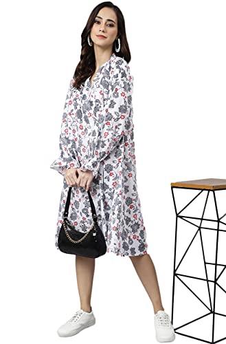 Image of Janasya Women's White Cotton Floral Print Flared Western Dress