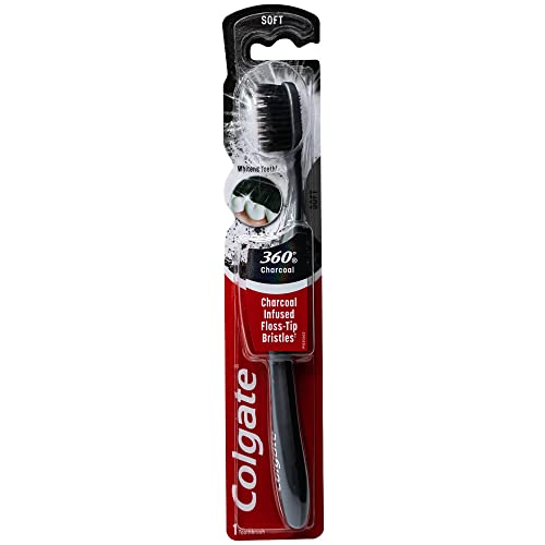 Colgate Cepillo de dientes con infusión de carbón 360, cerdas de punta de hilo dental, suave (colores varían), 1 unidad