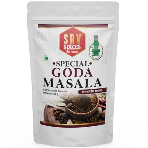 Image of SRV Spices Goda Masala - 100gm | Traditional Maharashtrian spice | Iron Pounded, Sweet Aroma, Preserves Natural Oils | Brahmani Puneri Kala Masala for Dal, Khichdi, Veg Curries & Bhaji