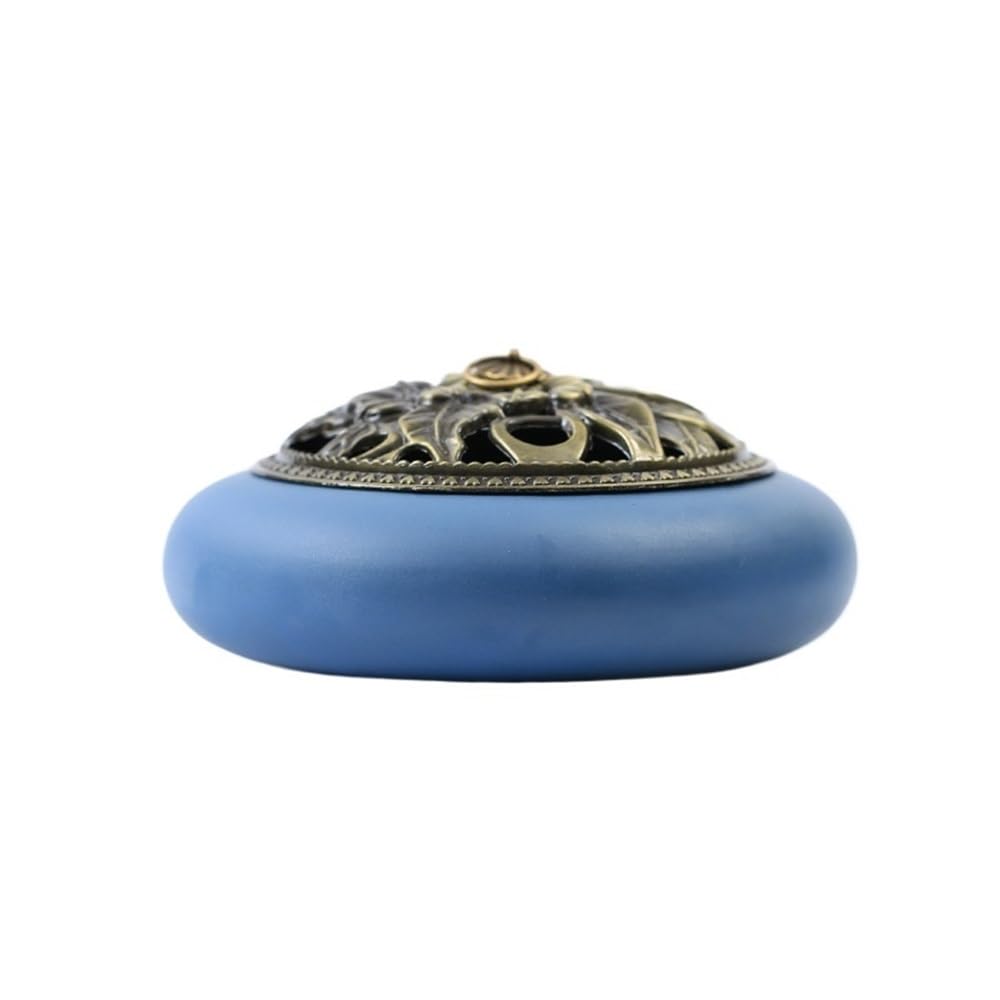 Incense Pot Creative Ceramic Incense Burner Vintage Lotus Flower Holder With Lid For Incense/Cone/Coil/Sticks(Blue)