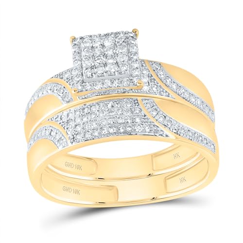 Jewels By Lux 10kt Yellow Gold His & Hers 3/4 Cttw Diamond Square Bridal Wedding Ring Band Set, Women Size: 5-9, Men Size: 8-122
