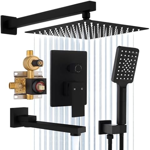 Shower Faucet Set - Upgraded LEPO 10 Inch Rain Shower System Brass Bathroom Rain Shower Head with Handheld Spray and Rorating Tub Spout, Faucet Trim Repair Kits Rough in Valve and Trim Included Cover
