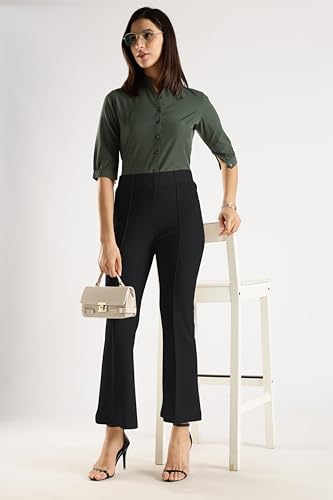 Image of SWADESI STUFF Women's Bell Bottom Trousers - High Waisted Wide Leg Palazzo Pants | Stretchy Cotton Blend Retro Pants for Casual, Office, Party