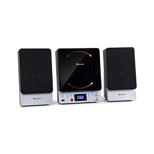 auna Microstar – Minicadena de música Vertical, Reproductor de CD, Bluetooth, Altavoces estéreo, USB, Pantalla LCD, iluminación LED, Vertical o en Pared, Entrada AUX/Salida de vídeo, Plateado