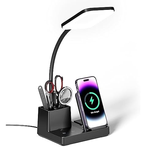 Vicsoon Desk Lamp with Wireless Charger USB Charging Port, Eye-Caring Desk Lamp for Home Office with Pen Holder, Dimmable Table Lamps 3 Color Modes Cover