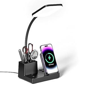 Desk Lamp with Wireless Charger USB Charging Port, Eye-Caring Desk Lamp for Home Office with Pen Holder, Dimmable Table Lamps 3 Color Modes