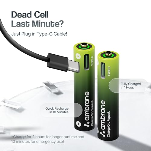 Image of Ambrane AAA Type C Rechargeable Batteries, Pack of 2, 740mAh Lithium Ion Battery, Charge with Any Type C Cable & Adapter, No Separate Charger Required, Save Environment & Money (Reneo, Green)