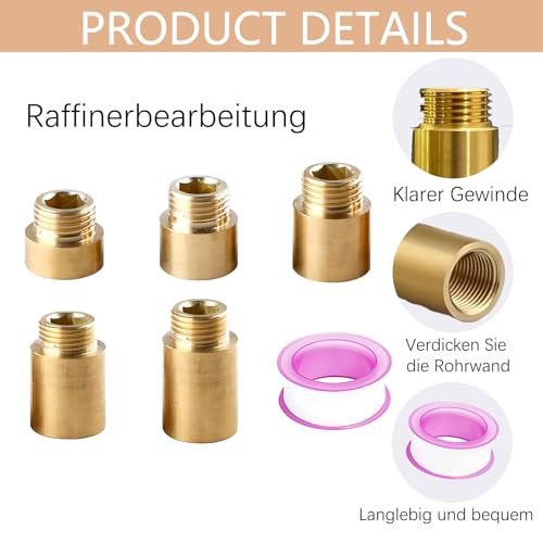 5 Stück Hahnverlängerung 1/2 Zoll, mit 2 Rollen Klebstoff, Verlängerung 1/2 Zoll, Länge Verlängern 10mm/15mm/20mm/25mm/30mm Wasserhahnverlängerung aus Messing, verlängerung Fitting
