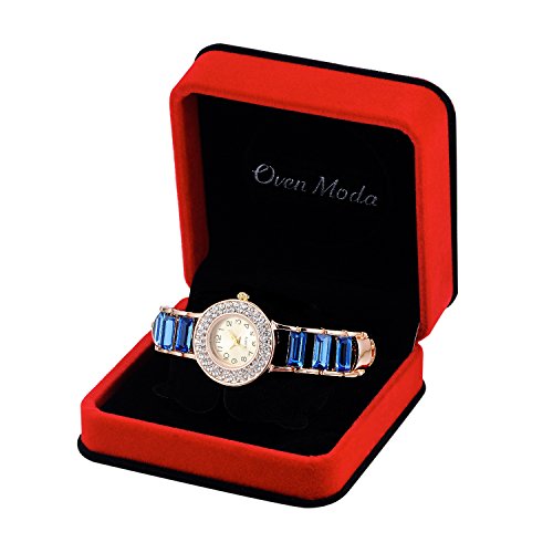 Women's Blue Cuff Bangle Bracelet with Crystal and Rose Gold Ladies Quartz Alloy Wrist Watch for Girls Valentine Birthday Christmas Wedding Day Gift Perimeter:20.3cm